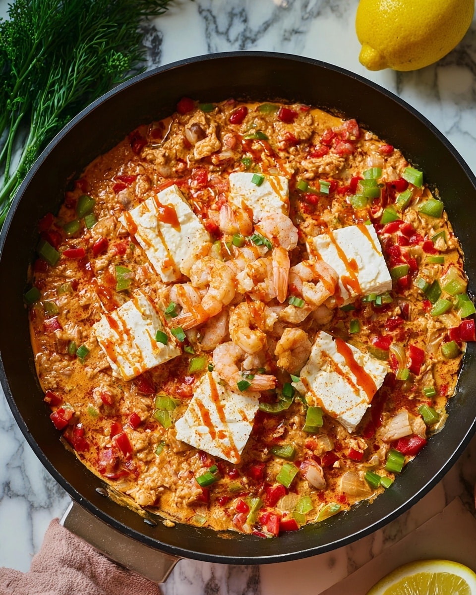 A close-up view of a black skillet filled with a colorful shrimp dish. The base layer contains cooked shrimp mixed with finely chopped red and green bell peppers, celery, and onions in a light orange sauce. On top of this, there are large white blocks of cream cheese at the center, partially melted, with a dollop of tan mustard sauce and a drizzle of dark red hot sauce adding texture and color contrast. The skillet is placed on a white marbled surface, with a lemon and some green herbs partially visible in the background. photo taken with an iphone --ar 4:5 --v 7