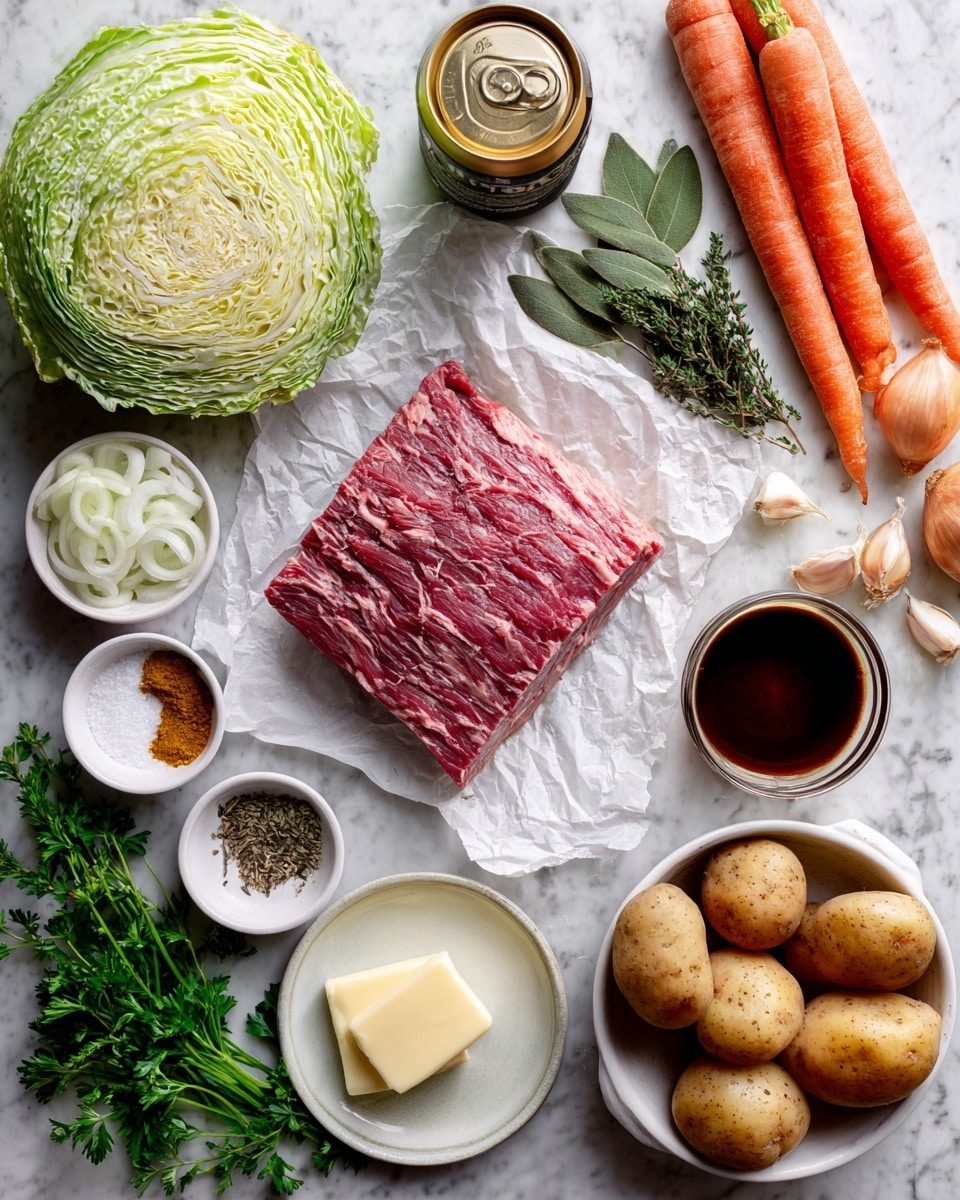 A square piece of corned beef brisket with red and pink colors and some fat marbling sits on crumpled white parchment paper at the middle of the image. Around it, there are various fresh ingredients laid out on a white marbled surface: a light green whole cabbage at the top left, a dark brown can of dark beer with a golden top next to two dark green bay leaves on the upper right side, three long orange carrots on the top right, and a white bowl filled with thin white onion slices beside the carrots. Below the brisket on the left are three small bowls with white kosher salt, black pepper, and yellow brown corned beef spices, and a white plate with a pale yellow slab of unsalted butter. In the bottom center, fresh green parsley and some thyme sprigs are placed near a small bowl of peeled garlic cloves. To the right, a clear bowl shows dark brown beef stock, and a white bowl with a brown inner rim holds light brown potatoes of different sizes. The overall arrangement is neat and colorful. Photo taken with an iphone --ar 4:5 --v 7
