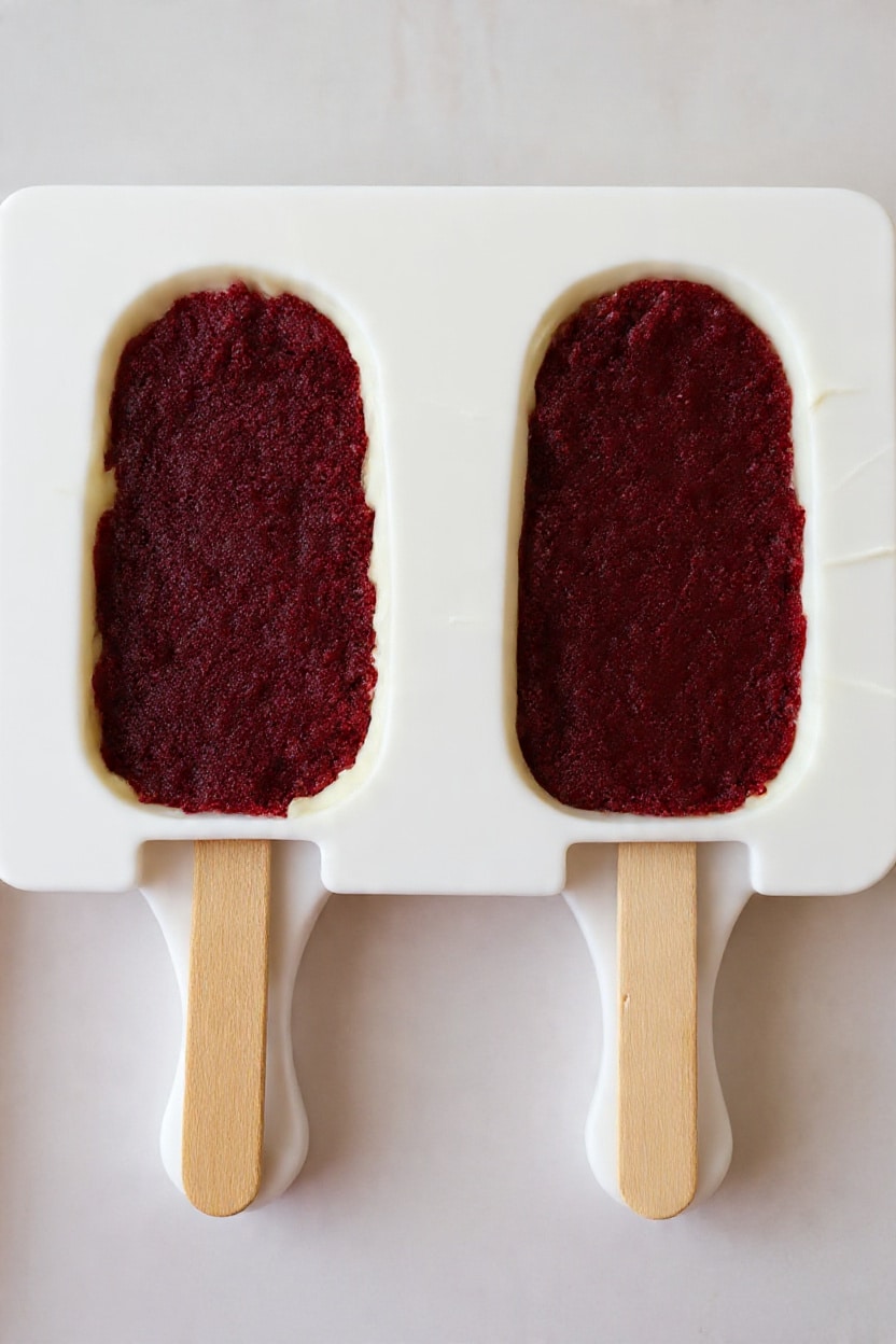 Two popsicles in a white mold, each with three layers. The top layer is a dark reddish crumbly texture filling the mold, followed by a visible thin white creamy layer around the edges, and at the bottom, light wooden sticks held by the mold. The white mold and the popsicles rest on a white marbled surface. Photo taken with an iphone --ar 4:5 --v 7