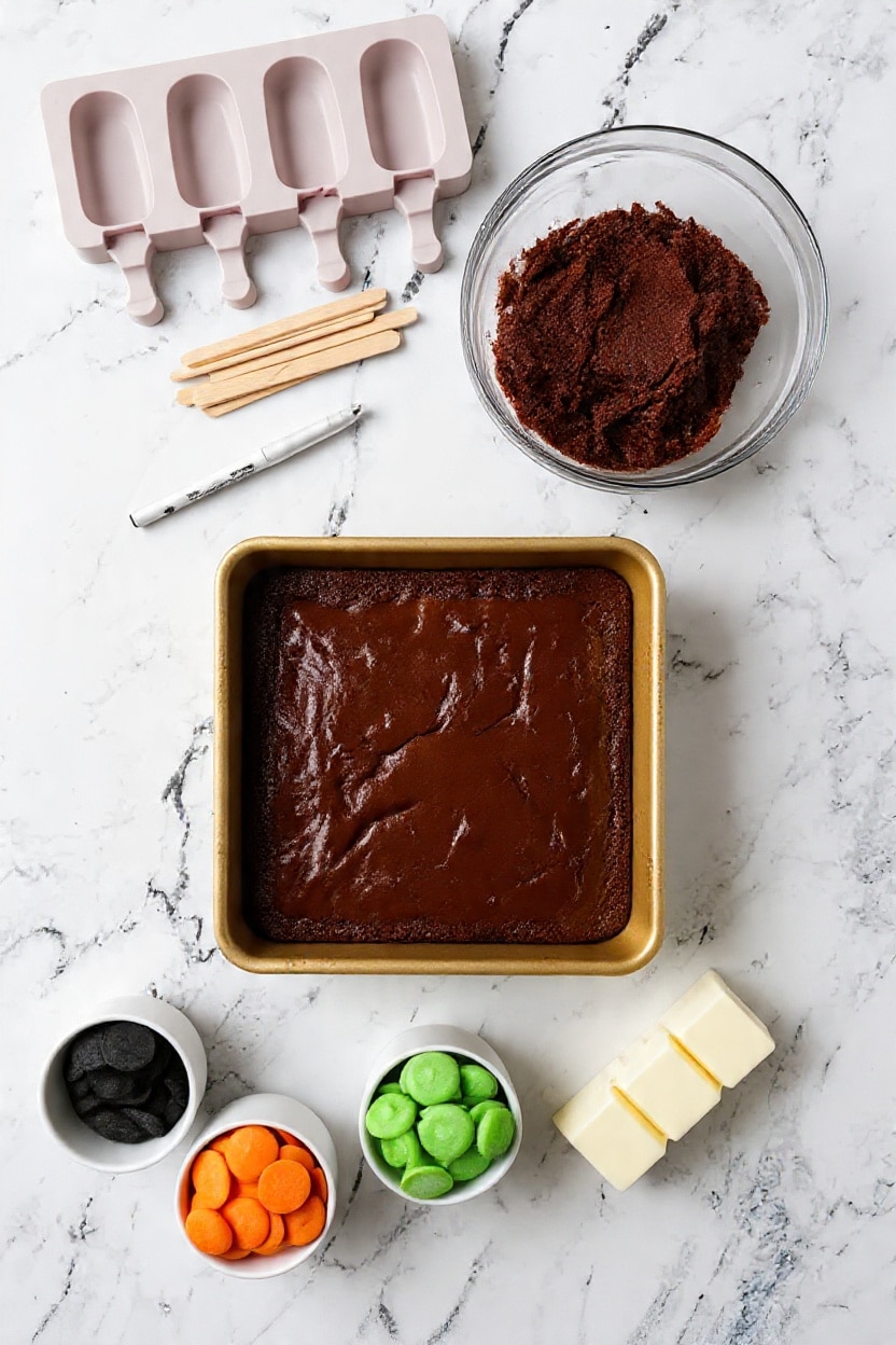 The image shows a baking setup on a white marbled surface with a freshly baked square chocolate brownie in a gold baking pan placed in the center. Above the brownie, there is a clear glass bowl filled with smooth, dark brown chocolate batter. To the top left, there is a white silicone popsicle mold with four slots and wooden sticks beside it. At the bottom of the image, three small white bowls hold chocolate discs in black, orange, and green colors, and there are three rectangular blocks of butter placed nearby. The scene is well-lit and organized, creating a clear view of the ingredients and baked item photo taken with an iphone --ar 4:5 --v 7