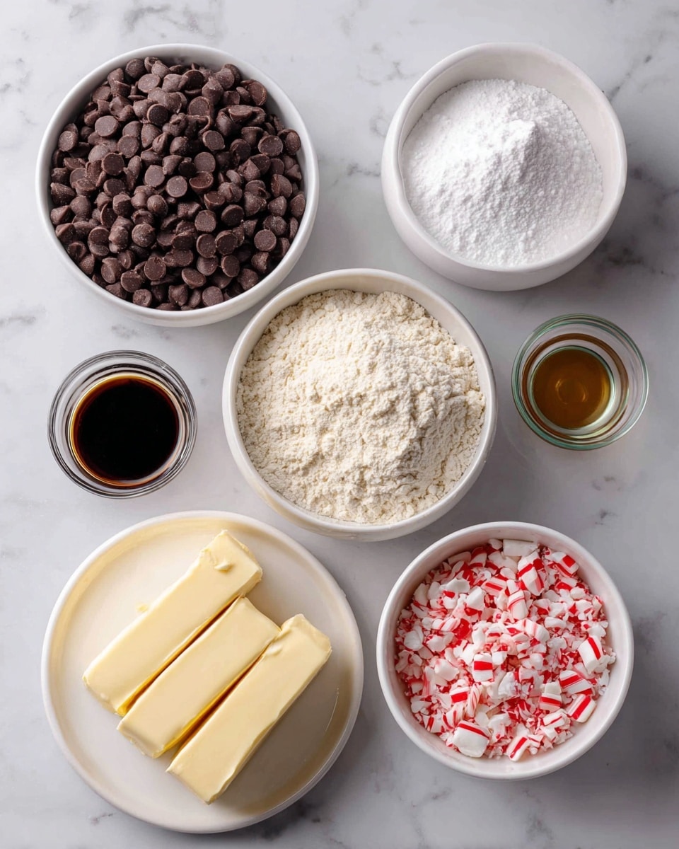 The image shows six different ingredients placed on a white marbled surface, each in its own white bowl or dish except one small clear glass. The top left bowl contains dark brown semi-sweet chocolate chips, smooth and round. The top right bowl is filled with bright white powdered sugar, fine and fluffy. Below the chocolate chips, there's a bowl of light beige all-purpose flour with a soft, powdery texture. To the right of the flour, two rectangular yellow sticks of butter sit on a white plate, smooth and solid. Next to the butter is a small clear glass containing vanilla extract, dark brown and liquid. Lastly, at the bottom right, a bowl holds crushed peppermint candy pieces in red and white striped patterns with a crunchy texture. The overall setup is neat and bright, photo taken with an iphone --ar 4:5 --v 7