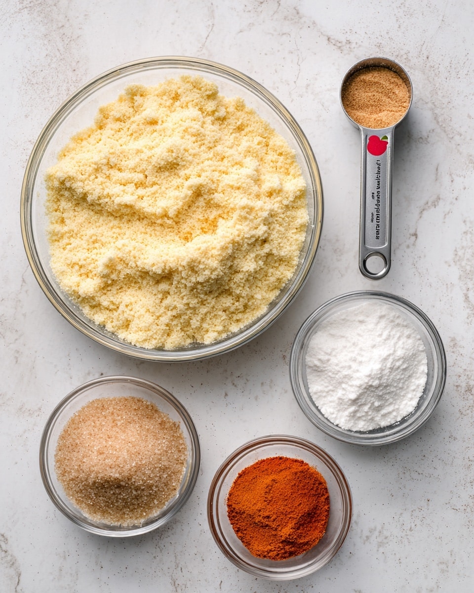 The image shows six ingredients arranged on a white marbled surface: a large clear glass bowl filled with light yellow almond flour with a coarse texture is on the left; a small foil cup of unsweetened applesauce with a red apple logo is at the top right; below that is a metal measuring spoon filled with light brown finely ground brown sugar; a small clear glass bowl containing white baking powder is at the lower right; finally, another small clear glass bowl with bright orange cinnamon powder sits at the bottom middle. Black text labels each ingredient clearly, with an additional note near the almond flour about store bought white frosting being optional but recommended. Photo taken with an iphone --ar 4:5 --v 7
