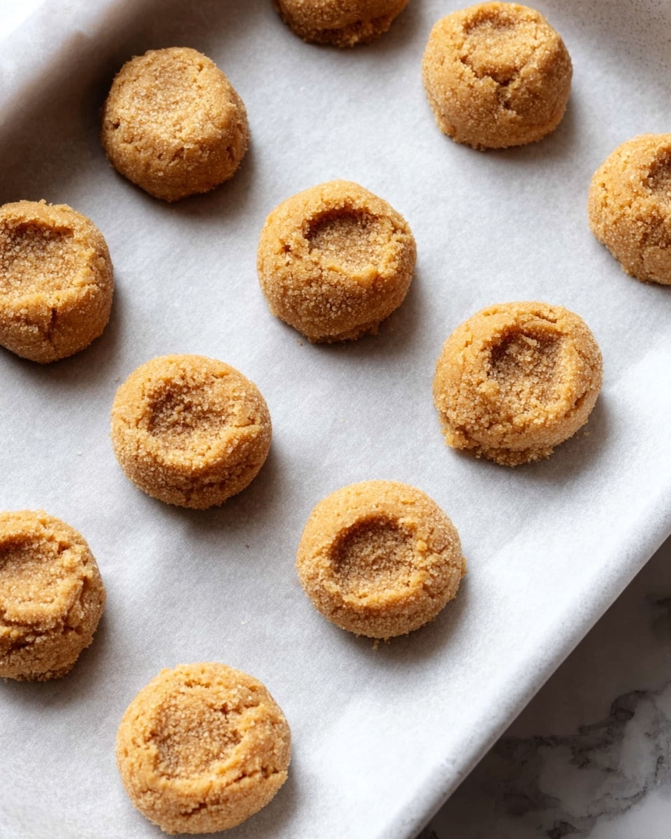 The image shows a white baking tray lined with parchment paper holding ten small round cookie dough balls. Each dough ball is golden brown with a rough, crumbly texture, and they are flattened slightly with an indentation pressed in the center. The dough looks soft and sandy, arranged evenly with a slight spacing between each piece. The white marbled surface beneath the tray is visible on the right side of the image. photo taken with an iphone --ar 4:5 --v 7