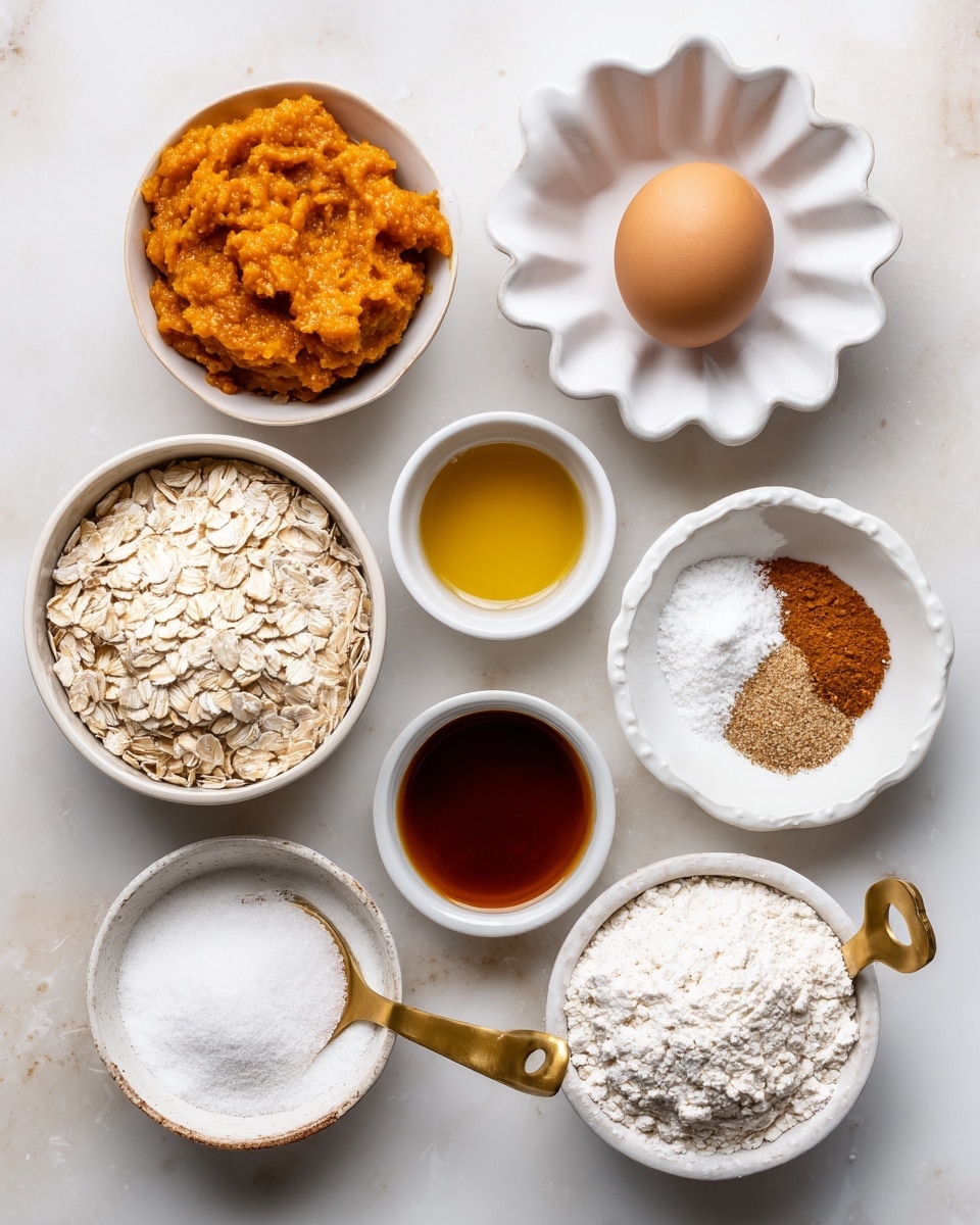The image shows a neat arrangement of baking ingredients on a white marbled texture. There are nine containers: a small white bowl with orange pumpkin purée at the top left, a white scalloped dish holding a brown egg next to it, and a small white bowl with dark amber vanilla extract to the right. Below the egg, a white scalloped dish contains white baking powder and brown spices. To the left, a measuring cup filled with raw light beige oats sits above a gold-handled cup of golden coconut oil. On the right side, a gold-handled cup shows white granulated sugar, and below that, another gold-handled cup holds off-white all-purpose flour. Finally, a larger white bowl at the lower left corner holds white powdered sugar. The labels for each ingredient are written clearly above or beside their container. Photo taken with an iphone --ar 4:5 --v 7