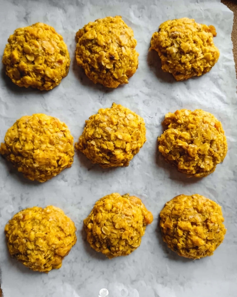 The image shows nine small, round, golden-yellow cookies or biscuits arranged in three rows of three on a sheet of white parchment paper. Each cookie has a rough and bumpy texture with visible bits of nuts or oats, giving a chunky appearance. The parchment paper underneath has slight wrinkles and covers a flat surface with a white marbled texture barely visible around the edges. photo taken with an iphone --ar 4:5 --v 7