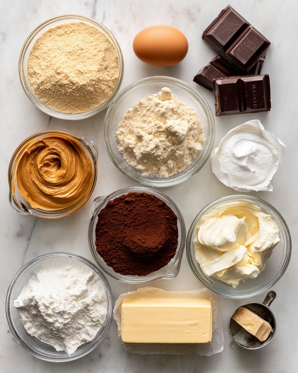 The image shows various baking ingredients placed neatly on a white marbled surface. There are clear glass bowls with light beige almond flour, dark brown cocoa powder, and a medium brown egg. A small glass bowl holds cream cheese, white powdered sweetener is in a small silver container, and brown soft peanut butter fills a white measuring cup. Brown sugar is in a small silver cup, and light yellow butter is wrapped with a paper wrapper. Small containers hold white baking powder and a dark unsweetened chocolate block, while a small glass bowl has vanilla extract and a clear measuring cup contains heavy cream. The arrangement is simple and clear, with each ingredient distinctly visible photo taken with an iphone --ar 4:5 --v 7