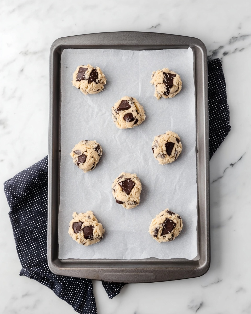 A gray baking tray holds a layer of crinkled white parchment paper, on top of which are seven cookie dough balls spaced evenly. Each dough ball is pale beige with visible small dark chocolate pieces mixed in and larger chunks placed on top, giving a textured look. The tray sits on a smooth white marbled surface, and there is a folded dark cloth with small white dots in the bottom left corner of the image. photo taken with an iphone --ar 4:5 --v 7