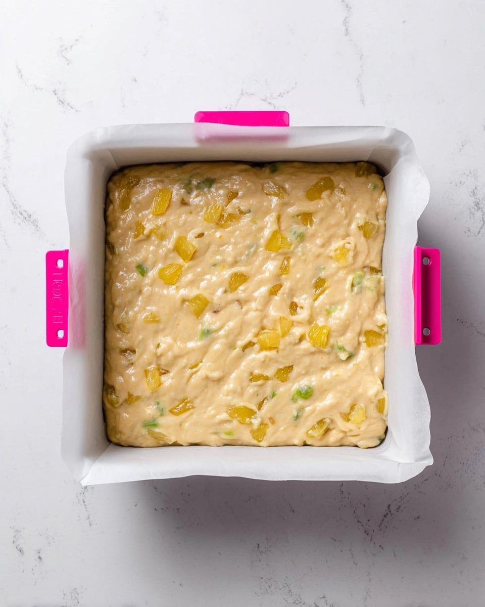 This image shows a square white baking pan lined with white parchment paper clipped with two bright pink clips at the top and bottom edges. Inside the pan is a thick light beige batter mixed with visible chunks of yellow and green fruit, spread evenly and slightly textured on the surface. The pan sits on a white marbled surface that fills the background, creating a clean and bright look. photo taken with an iphone --ar 4:5 --v 7