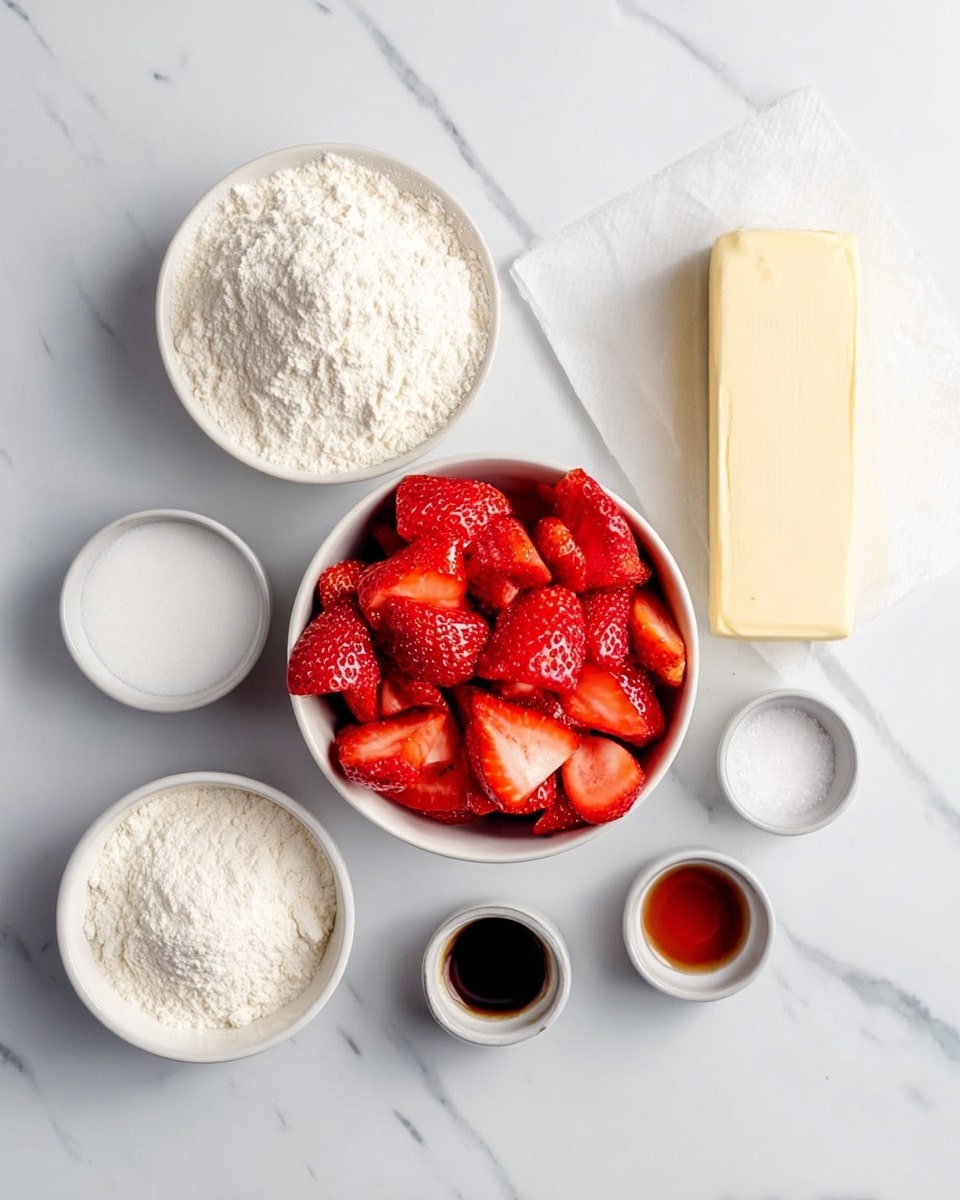 The image shows a white marbled surface with several bowls and ingredients arranged neatly. In the center is a white bowl filled with bright red strawberry halves, their juicy texture visible. To the left, there are three small white bowls containing white granulated sugar, white flour, and a creamy white liquid. To the right, a stick of butter wrapped in paper with a pale yellow color lies flat. Surrounding the butter are three small white bowls holding white granulated sugar, white powder (likely baking powder), and small dark brown liquid (vanilla extract). Everything is placed carefully with good spacing. Photo taken with an iphone --ar 4:5 --v 7