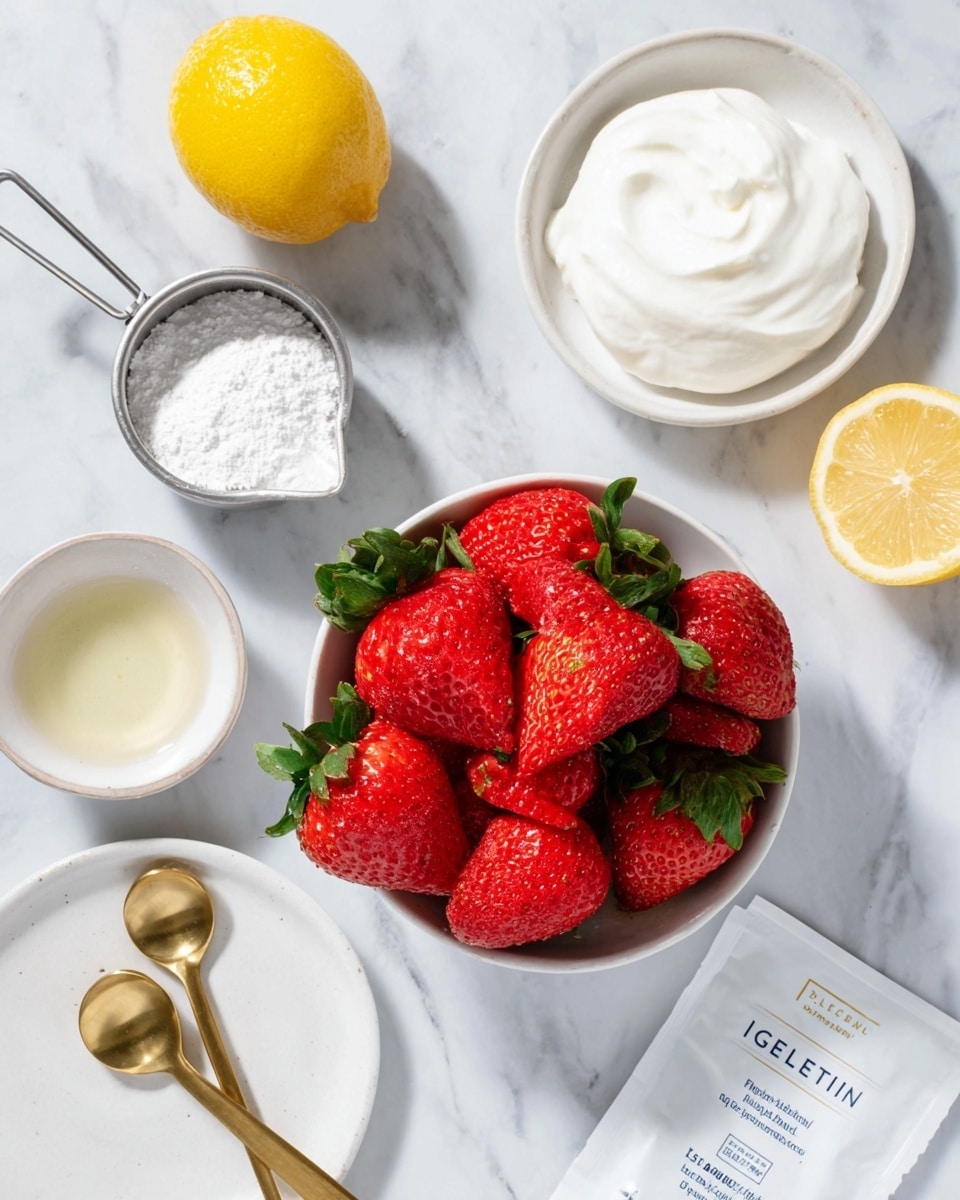A white bowl filled with fresh, red strawberries with green leaves, placed on a white marbled surface. Around the bowl, there is a small white bowl with thick white cream, a metal measure cup with white powder, a white plate holding a gold measuring spoon, a lemon, a halved lemon, a small white bowl with a clear liquid, and a small white packet labeled