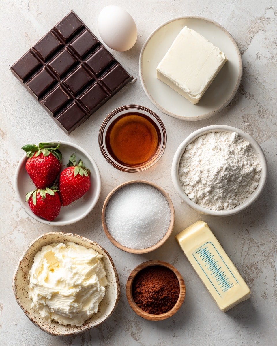 The image shows a flat lay of baking ingredients arranged neatly on a white marbled surface. At the top left, there is a square block of dark chocolate with 10 small rectangles visible. Next to it on the right is a single white egg, and beside that a silver-wrapped block of cream cheese. Below the chocolate is a small clear glass bowl filled with light brown vanilla extract. To the right of the vanilla is a white bowl filled with white flour, and next to that is a fresh red strawberry with green leaves. Below the vanilla is a white bowl full of white sugar, to the right of that is a white bowl containing brown cocoa powder. At the bottom right corner is a stick of butter with blue measurement markings. On the bottom left corner, there is a small rustic ceramic dish with white cream cheese in it, and next to that is a small wooden bowl filled with salt. Everything is laid out clearly with soft natural lighting, photo taken with an iphone --ar 4:5 --v 7