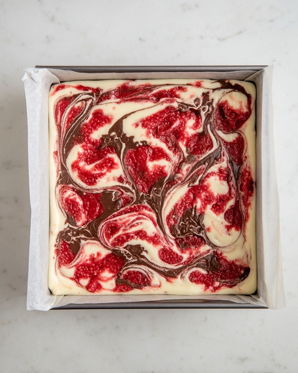 The image shows a square baking pan lined with white parchment paper, filled with a dessert that has three visible swirled layers: a creamy white base layer, a bright red raspberry layer with small seeds and a slightly chunky texture, and dark brown chocolate swirls mixed throughout. The red and dark brown swirls create a marbled pattern on the surface. The pan sits on a white marbled surface. Photo taken with an iphone --ar 4:5 --v 7