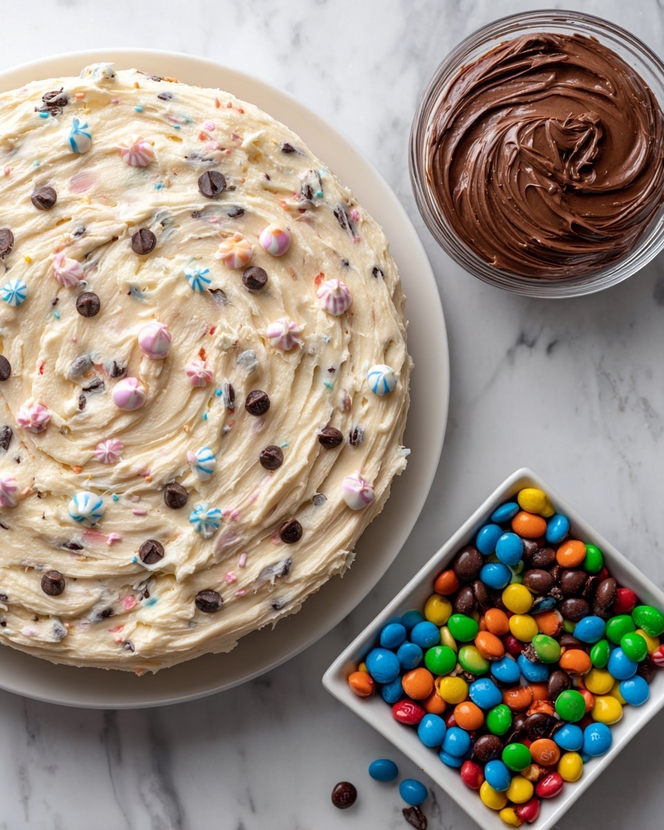 A round flat layer covered evenly with a creamy light beige frosting mixed with small dark chocolate chips and small swirls of pastel colors like blue, pink, and orange, sitting on a white plate. To the right, there is a small clear glass bowl with smooth, thick dark brown chocolate spread inside. Below it, a white square bowl holds a mix of bright colorful candy-coated chocolates in red, blue, green, yellow, and brown. All items rest on a white marbled texture surface. photo taken with an iphone --ar 4:5 --v 7