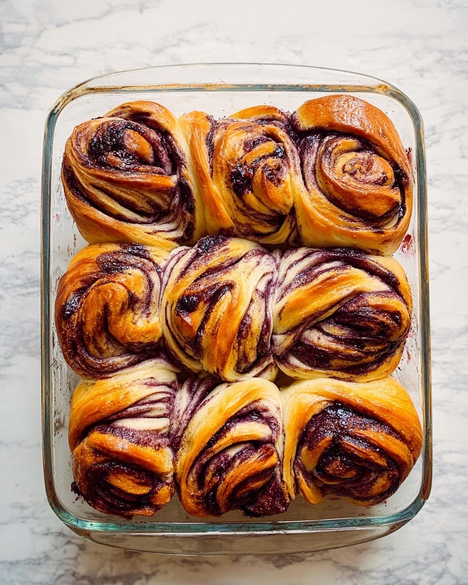 The image shows a clear rectangular glass dish filled with eight twisted buns arranged in two rows, four in each row. Each bun has swirled layers of golden-brown dough mixed with dark purple berry filling, creating a marbled effect. The dough looks soft and shiny, with darker spots where it is baked more. The background is a white marbled surface, making the buns the main focus. The layer count in each bun is visible with the dark purple swirls winding through the light dough in twists and folds, giving a textured, rich look. photo taken with an iphone --ar 4:5 --v 7