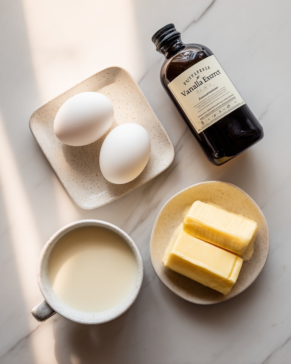The image shows four simple baking ingredients arranged on a white marbled surface. There is a small white speckled square plate holding two white eggs, placed side by side. To the right of the eggs, a white bowl contains two small rectangular blocks of light yellow butter. Below the butter, there is a white cup filled with a creamy white liquid, likely milk or cream. Above the eggs, a dark brown bottle with a label reading