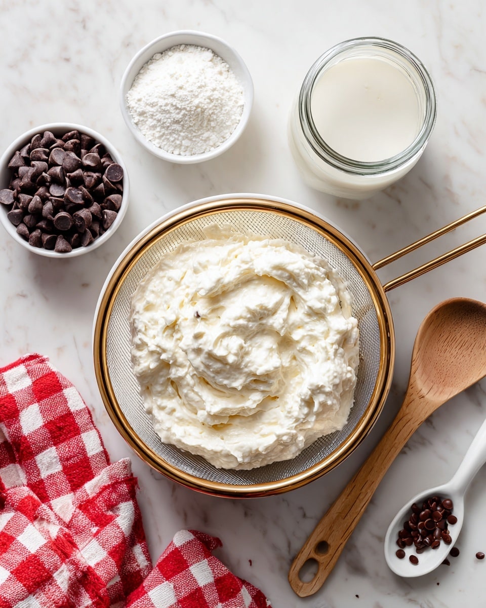 The image shows a white creamy mixture placed in a gold fine mesh strainer over a white bowl, creating a thick and fluffy texture that fills the strainer. Around it are small white bowls filled with dark brown chocolate chips on the left and white powdered sugar with a wooden spoon on the right. A clear jar of white liquid with a round lid also sits to the upper right. A red and white checkered cloth is partially visible at the bottom left on a white marbled surface. Photo taken with an iphone --ar 4:5 --v 7