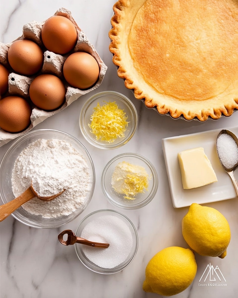 The image shows ingredients neatly arranged on a white marbled surface. On the left, there is an open carton holding eight brown eggs. Above the eggs, there is a round, golden-brown pie crust with a scalloped edge placed directly on the surface. In the center, there are small clear glass bowls, one filled with white powder and a small wooden scoop, another with fine yellow lemon zest, and one with a mix of white powder and a small metal spoon. On the right side, a whole lemon and a half lemon, showing its pale yellow inside, sit near a small white plate holding a square piece of butter. A larger clear bowl filled with white granulated sugar is also present. The photo taken with an iphone --ar 4:5 --v 7