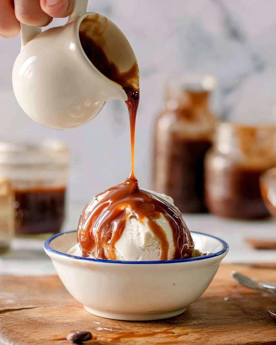 A white bowl with a thin blue rim holds one scoop of white ice cream. Thick, dark chocolate sauce is being poured from a small white pitcher by a woman's hand, flowing down the ice cream and creating glossy dark brown layers over the white surface. The bowl sits on a wooden table with blurred jars and a bottle in the background, all on a white marbled surface. photo taken with an iphone --ar 4:5 --v 7