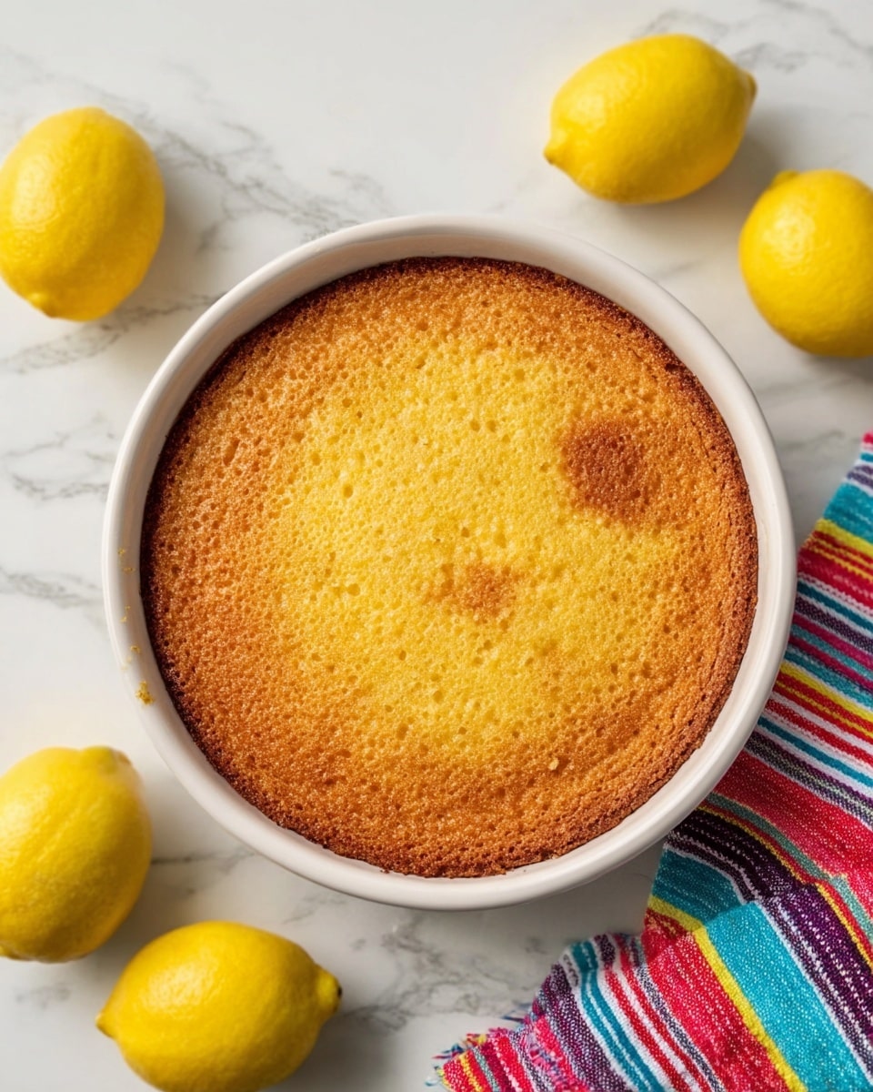 A round cake with one layer sits in a white ceramic dish. The cake top is golden brown and slightly textured with tiny bubbles and a few darker brown spots, showing a soft and baked surface. The dish is placed on a white marbled surface, with five whole yellow lemons scattered around it. A colorful towel with red, blue, yellow, green, and purple stripes is to the right side of the dish. photo taken with an iphone --ar 4:5 --v 7