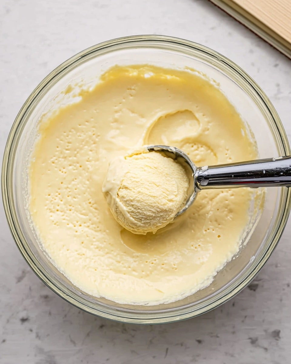 A clear glass bowl filled with a smooth, pale yellow creamy mixture that has a few small bubbles and light cracks on the surface. In the center, a metal ice cream scoop holds a round portion of the thick mixture, with the scoop slightly pressed into the creamy base. The bowl is placed on a white marbled surface, and a part of a notebook with a beige cover is visible in the top right corner. The texture of the mixture looks soft and dense, with some slight ridges where the scoop has touched. Photo taken with an iphone --ar 4:5 --v 7