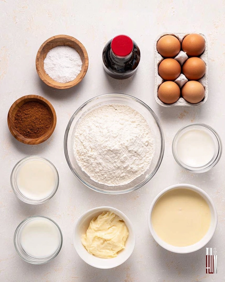 The image shows an assortment of ingredients neatly arranged on a white marbled surface, each in its own white bowl or clear glass container. In the center, a clear bowl is filled with white flour, surrounded by bowls containing light cream, milk, and a pale yellow batter. On the left side, there is a small wooden bowl with coarse salt and another wooden bowl with a brown spice mix, along with a cluster of four brown eggs resting in a white carton. A small dark bottle with a red cap rests near the top center. The overall look is clean and organized, with soft natural light and no shadows. Photo taken with an iphone --ar 4:5 --v 7