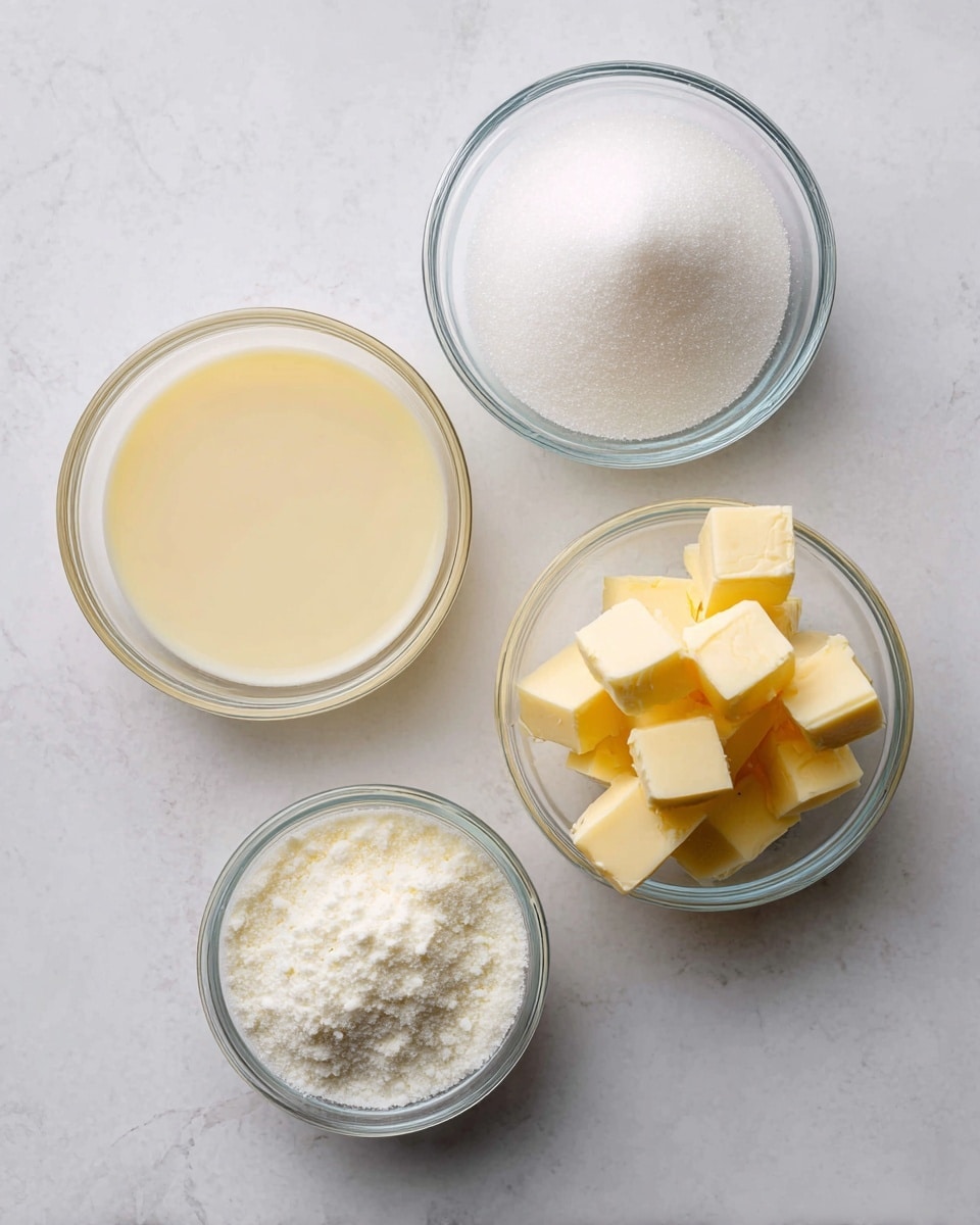 Four small clear glass bowls sit on a white marbled surface. The first bowl on the left contains a creamy pale yellow liquid. Above it, the second bowl is full of fine white granulated sugar. To the right, the third bowl holds neatly cubed yellow butter pieces. In the center front, a smaller bowl is filled with a white powdery substance. Photo taken with an iphone --ar 4:5 --v 7