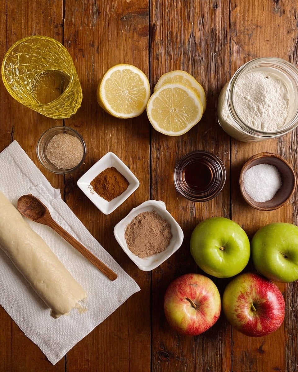 The image shows a wooden table with ingredients arranged for a recipe. There are two green apples and two red apples near the bottom right, with a stack of rectangular white flatbreads next to them on a white napkin. Near the center, there is a small white dish with two types of brown spices, a small clear glass with a dark liquid, and a small white bowl with white powder. Above them, there is a simple small white bowl with a small wooden spoon filled with coarse salt. To the left, a glass jar with light brown sugar and a small wooden scoop rests next to a halved lemon showing its inner juicy segments. A small glass jar filled with a creamy white substance is near the top, and a textured yellow glass cup holding liquid is at the top left corner. The background is a wooden surface with a warm, dark tone photo taken with an iphone --ar 4:5 --v 7