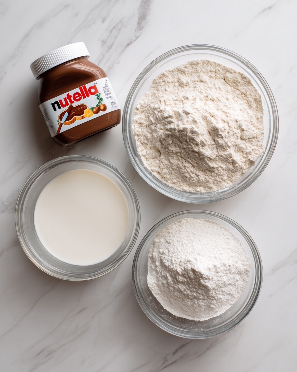 The image shows four clear glass bowls and a jar of Nutella on a white marbled surface. One large bowl contains white flour with a soft, powdery texture, positioned on the right; another large bowl at the bottom left holds a smooth, white liquid that looks like milk. Above the milk bowl, there is a small bowl with a fine white powder, likely baking powder. To the left of the flour bowl lies a jar of Nutella, horizontal with the label facing up, showing the brand name and a swirl of chocolate and hazelnut spread on the front. The clean layout emphasizes the ingredients for making pancakes photo taken with an iphone --ar 4:5 --v 7