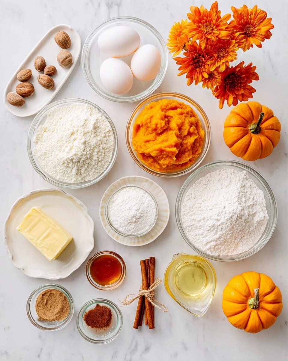 The image shows a flat top view of various cooking ingredients neatly placed on a white marbled surface. In the center are multiple clear glass bowls with different contents in layers: bright orange mashed pumpkin, white cream cheese, white sugar, flour, and powdered sugar. To the left, a white dish holds three white eggs and several small brown nutmegs. Below is a small glass bowl with a yellow square of butter. To the right, small glass bowls contain different brown spices, including cinnamon sticks tied with a string. A small glass dish of amber-colored liquid and two small pumpkins, one bright yellow and one orange, add warm tones to the composition. Near the top, fresh orange flowers bring in a natural, colorful touch. The arrangement is clean, symmetrical, and colorful, emphasizing the ingredients' textures and shapes. Photo taken with an iphone --ar 4:5 --v 7