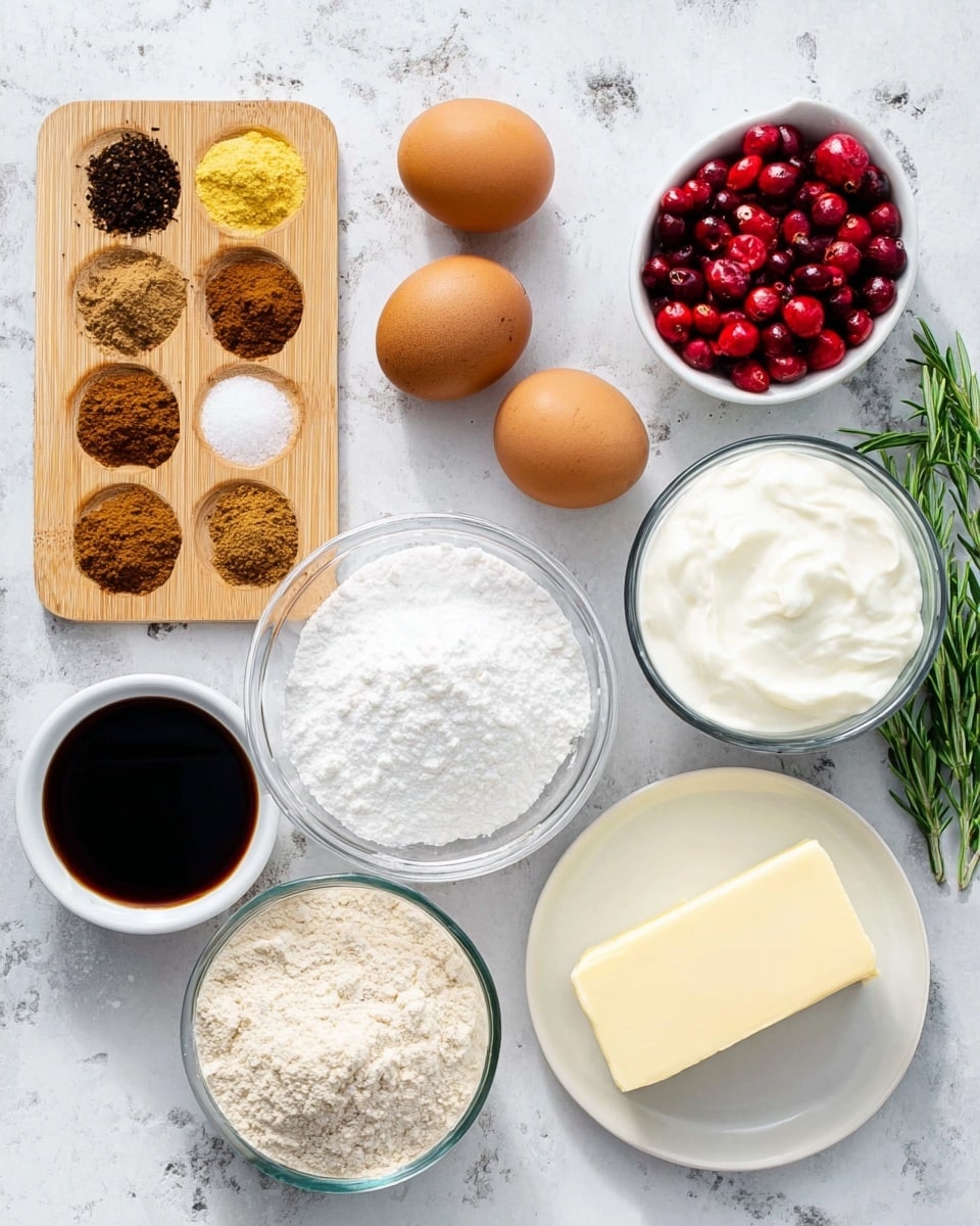 The image shows various ingredients placed on a white marbled surface. On the left, there is a small wooden board with six different spices in small piles of brown, dark brown, yellow, and white powders. Below the board, a small bowl holds dark liquid, and beside it are two whole brown eggs. Next to the eggs, there is a bowl of white flour, a bowl of light brown sugar, and a bowl of fine white powder arranged in a line. On the right side, a bowl with white creamy yogurt sits next to a bowl of light cream, followed by a bowl with dark liquid, and a white plate holding a stick of unsalted butter. Near the butter, there is a small white bowl filled with bright red pomegranate seeds and green rosemary sprigs. The whole setup is neat and well organized, showing a variety of textures and colors, all against the white marbled surface. Photo taken with an iphone --ar 4:5 --v 7