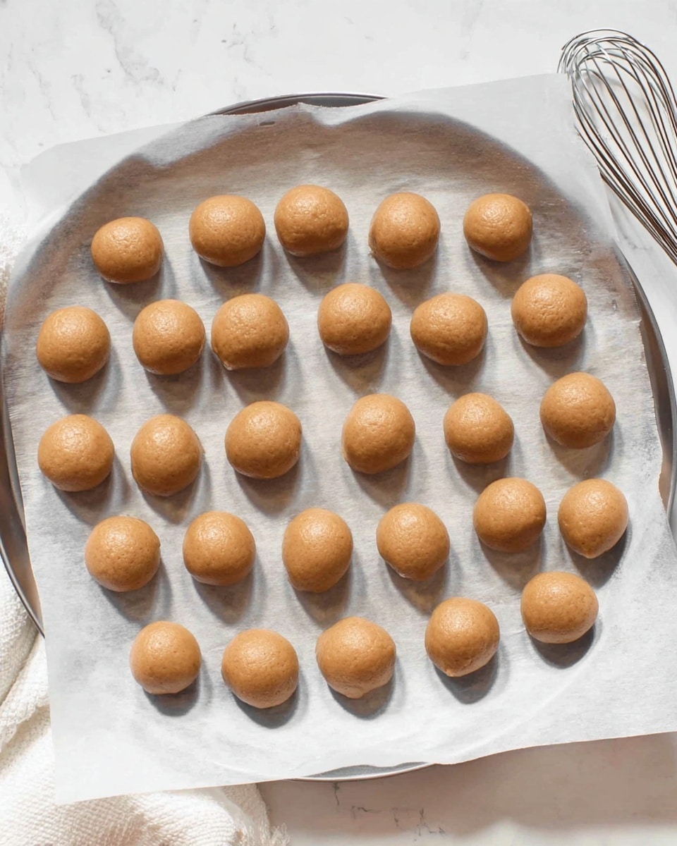 A round baking tray covered with wrinkled white baking paper is filled with 32 evenly spaced light brown dough balls arranged in a loose grid pattern, each ball smooth and slightly shiny with a soft, dense texture. The background shows a white marbled surface with part of a white cloth and a silver wire whisk placed to the right of the tray, adding a gentle kitchen touch. The image has soft, natural lighting highlighting the texture and color of the dough balls. photo taken with an iphone --ar 4:5 --v 7