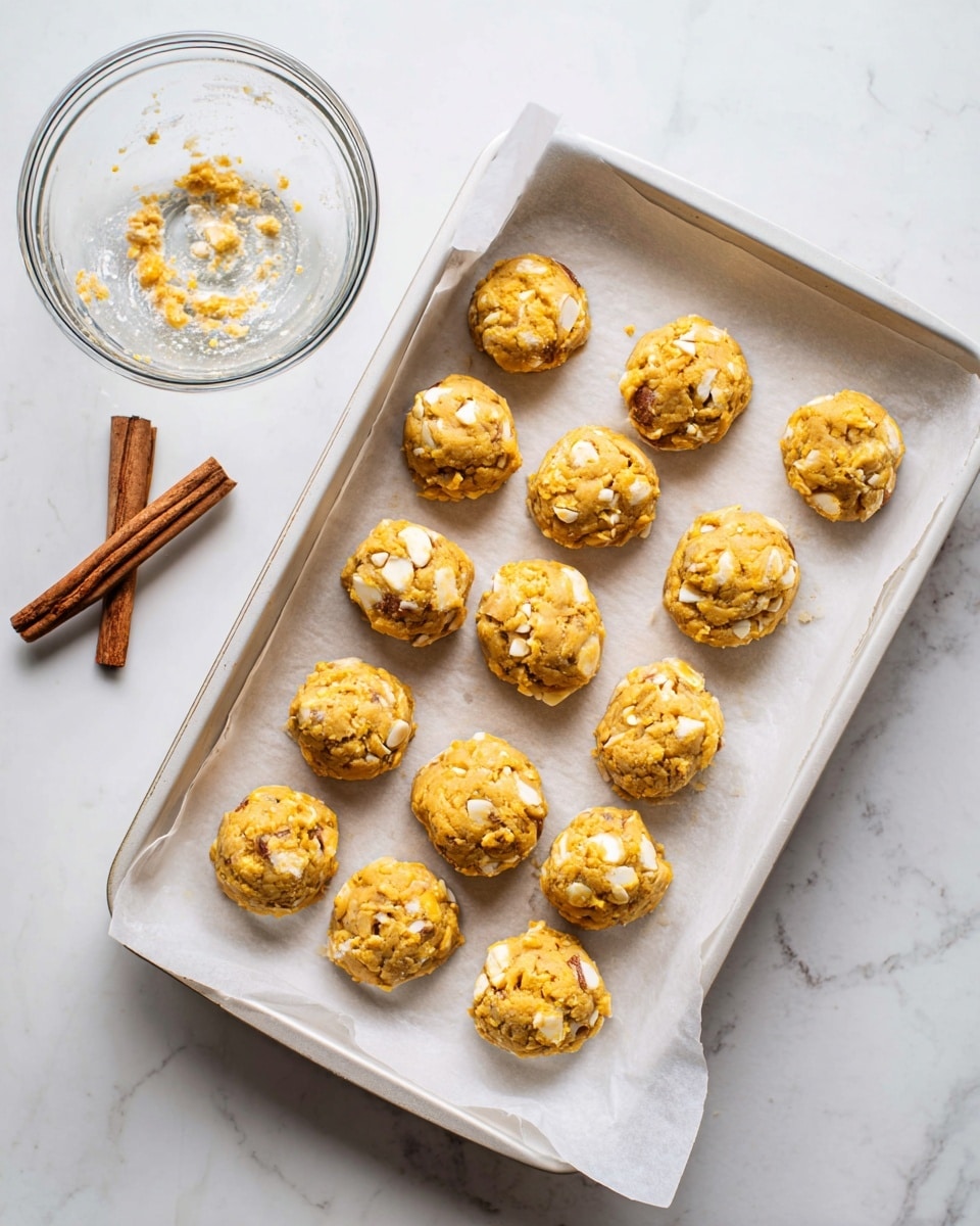 The image shows a white baking tray lined with parchment paper, holding evenly spaced, rough-textured dough balls that are golden yellow with visible white chunks, likely nuts or chips, mixed inside. The dough balls are arranged in three rows on a white marbled surface. Near the tray is a clear glass bowl with some dough remnants inside, and to the left side, there are two cinnamon sticks placed side by side. photo taken with an iphone --ar 4:5 --v 7