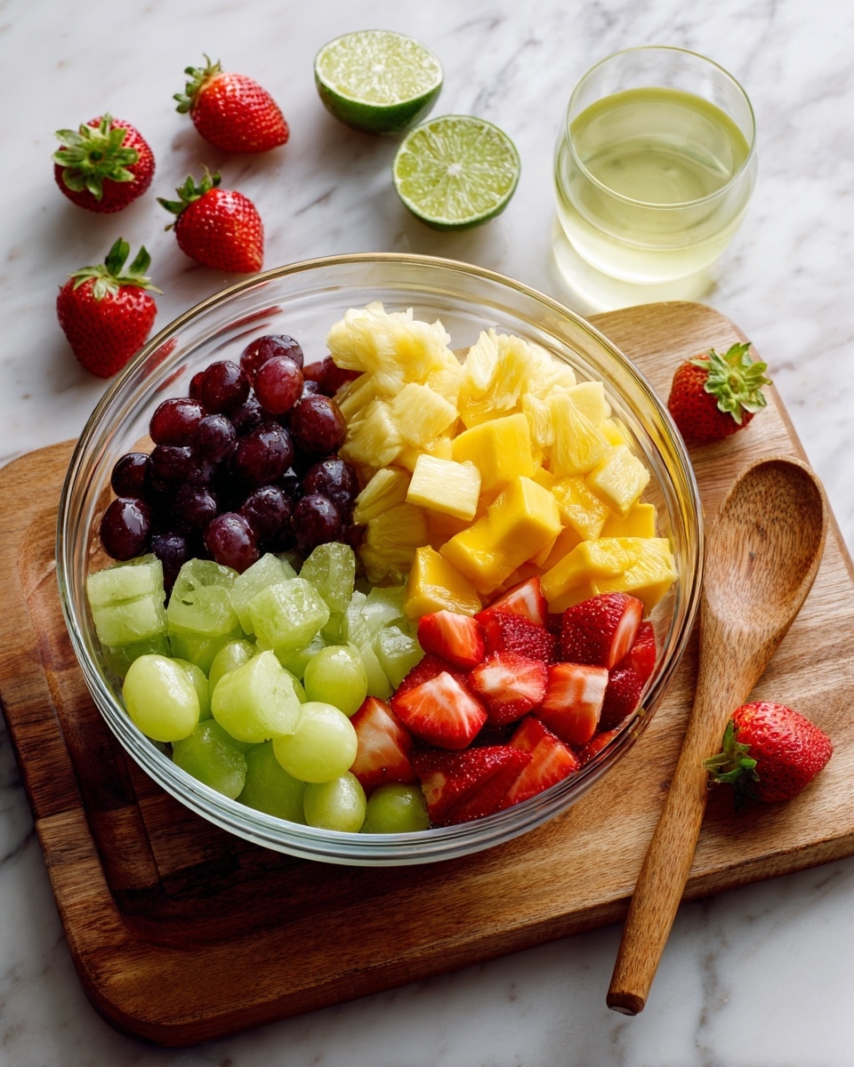 A clear glass bowl sits on a wooden board, filled with four sections of fresh fruit pieces. Starting from the top right and moving clockwise, there are bright yellow mango cubes, pale yellow pineapple chunks, light green grapes, and dark purple grapes. On top of the mango and pineapple, bright red strawberry halves add color contrast. A small wooden spoon rests inside the bowl on the right side. Around the bowl are scattered whole strawberries, a sliced lime showing its green inside, and a small clear glass of light yellow juice. The background is a white marbled texture photo taken with an iphone --ar 4:5 --v 7