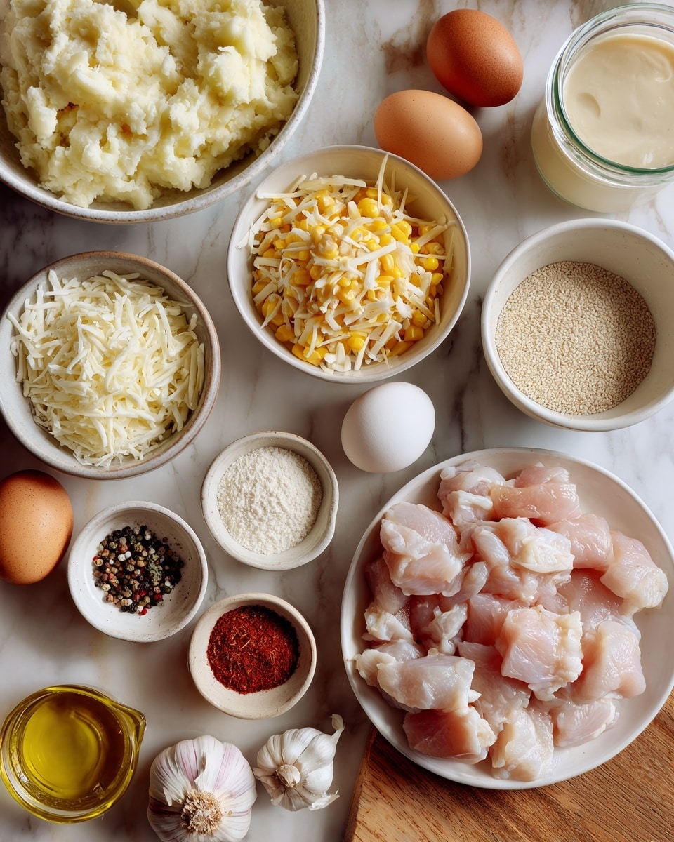 The image shows a wooden surface filled with small white bowls and a white plate containing raw pale pink chicken pieces. There is a large white bowl with fluffy, light mashed potatoes on the top left, and beside it a white bowl with shredded yellow and white cheese. Small white bowls hold white flour, light yellow corn kernels, and light beige breadcrumbs. Two brown eggs and a small glass of golden oil are placed near the bowls. A small white dish contains a mix of black pepper, red paprika, and white garlic powder. On the top right, there is a clear glass jar with creamy beige liquid. The whole setup is on a white marbled surface. Photo taken with an iphone --ar 4:5 --v 7