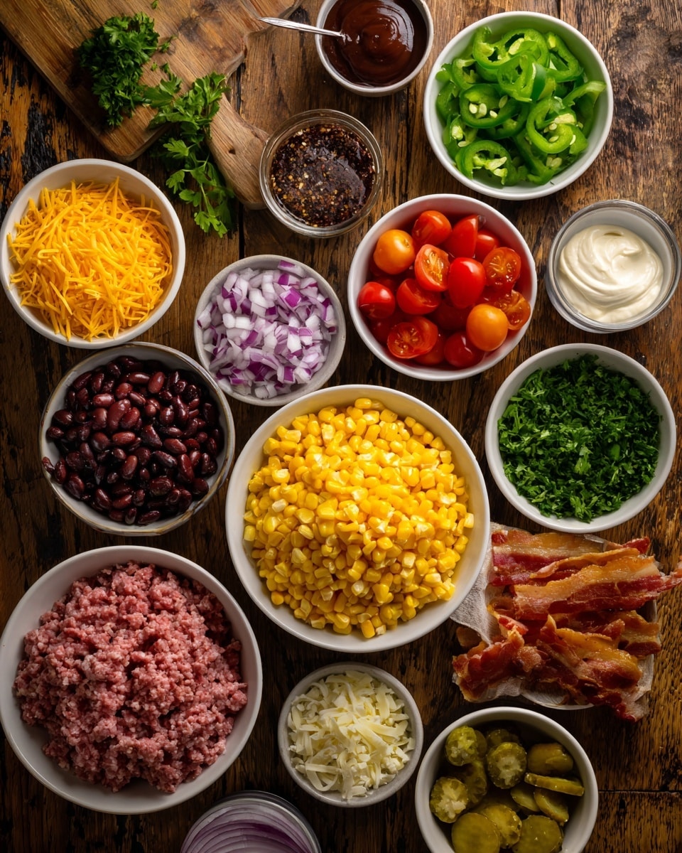 The image shows many small white bowls arranged on a wooden surface with a variety of colorful ingredients inside. In the center is a bowl filled with bright yellow corn kernels. Around it, clockwise from top: a bowl of dark red beans, chopped green peppers, red onion slices, crispy cooked bacon, shredded cheddar cheese, black and white pepper, garlic powder, sour cream, barbecue sauce, fresh parsley, halved cherry tomatoes, mustard, soy sauce, a small bowl of red chili powder, chopped pickles, and a larger bowl with raw ground meat. The bowls are arranged neatly with the wooden surface visible underneath. photo taken with an iphone --ar 4:5 --v 7