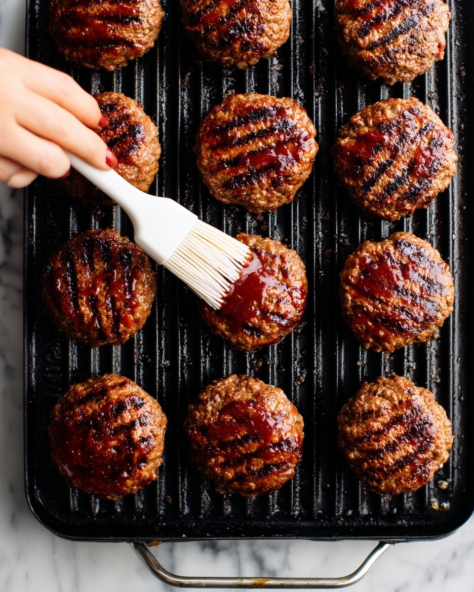 Ten round beef patties with a dark brown grilled texture and shiny red barbecue sauce spread on top are placed evenly on a black grill grate. A white basting brush held by a woman's hand is applying more red sauce to one patty near the bottom center. The background is a white marbled texture. photo taken with an iphone --ar 4:5 --v 7