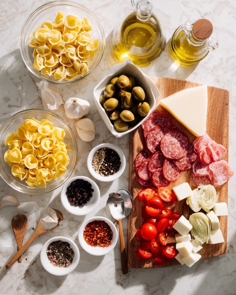 The image shows a wooden board placed on a white marbled surface filled with small cubes of cheese, diced ham, and salami arranged in neat sections. On the board, there are also two small white bowls filled with green olives and black olives, placed near a wedge of pale yellow cheese. Around the board, there are clear glass bowls containing yellow tortellini pasta, red and yellow halved cherry tomatoes, and artichoke hearts. Nearby, three small white bowls hold red peppers, chili flakes, and black peppercorns with wooden spoons resting inside them. Glass bottles of golden olive oil and vinegar sit on the white marbled surface beside several cloves of garlic. The overall scene is bright and clean, with a rustic and fresh feel. photo taken with an iphone --ar 4:5 --v 7