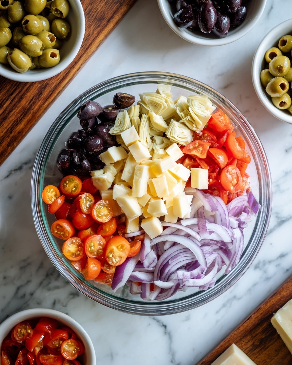 A clear glass bowl filled with layers of colorful salad ingredients sits on a white marbled surface. The top layer shows creamy pale artichoke hearts in the upper part, with a pile of cubed pale yellow cheese next to them. Below these, thin slices of light purple onions rest on a bed of bright red and orange cherry tomato halves. To the left, there are two sections of olives – one pile of black olives and one of green olives with pimento centers. The mix of colors includes light green, deep red, orange, black, and pale yellow, making the bowl look fresh and inviting. Small white bowls and a wooden board with more ingredients surround the salad bowl. photo taken with an iphone --ar 4:5 --v 7