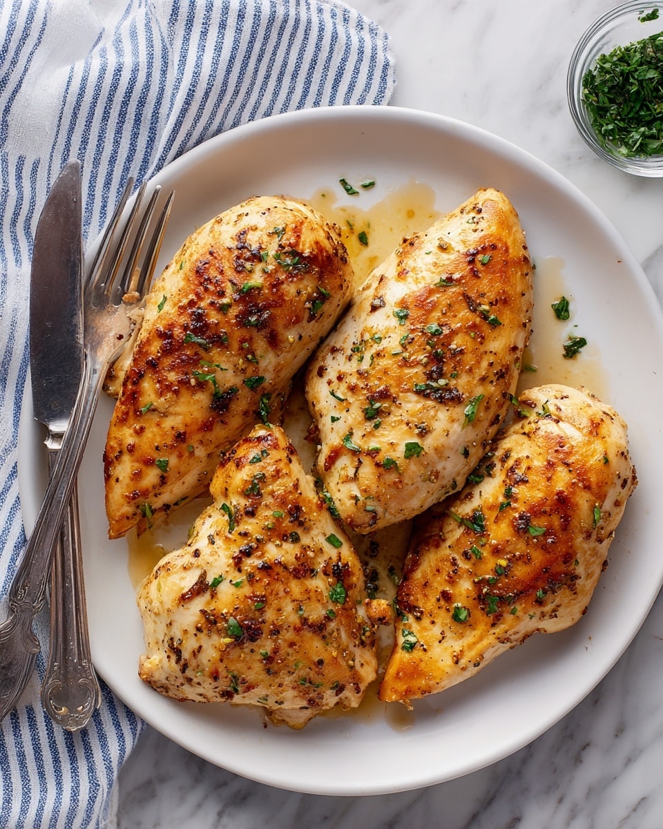 Four pieces of golden brown cooked chicken are placed closely on a round white plate. Each piece has a crispy, lightly speckled surface with shades of gold, white, and brown. The plate sits on a white marbled surface, and next to it is a pair of silver tongs resting on a blue and white striped cloth. In the upper right corner, there is a small glass container filled with fresh green herbs. The lighting shows natural shadows and shines softly on the chicken skin, creating a warm and inviting look. Photo taken with an iphone --ar 4:5 --v 7