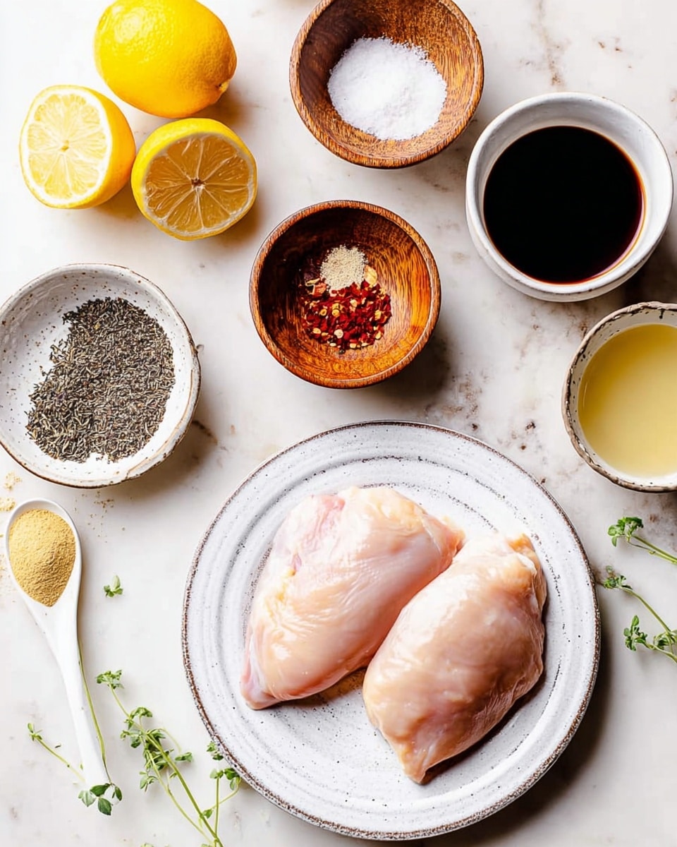 Two raw, pale pink chicken pieces lie side by side on a round white plate with subtle texture around the edge, placed in the bottom right corner. Around the plate, there are several small white bowls and a wooden bowl on a white marbled surface, some containing different spices and liquids. On the top right, a white bowl holds a dark soy-like liquid. Next to it, a wooden bowl contains white salt, red chili flakes, black pepper, and a reddish powder. Near the center, a small white plate has mixed black and grey dried herbs. On the left side, two halved bright yellow lemons sit beside a bowl filled with a cloudy light liquid. Below, a wooden spoon with a white handle holds a small dollop of light yellow mustard. Small green herb sprigs are scattered around the scene. Photo taken with an iphone --ar 4:5 --v 7