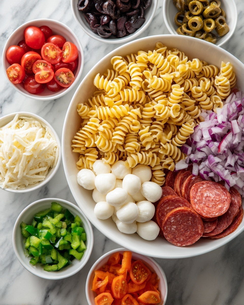 A blue box of Barilla rotini pasta sits on a white marbled surface, surrounded by small white bowls filled with various ingredients: bright red cherry tomatoes sliced in halves, smooth white mozzarella pearls, layered red slices of Genoa salami, dark black olives with a shiny texture, finely chopped light green pepperoncini, finely diced reddish-purple red onions, small orange cubes of bell pepper, curved reddish pepperoni slices, and small green cubes of bell pepper. Each bowl is neatly arranged, showing the texture and color contrast clearly, photo taken with an iphone --ar 4:5 --v 7
