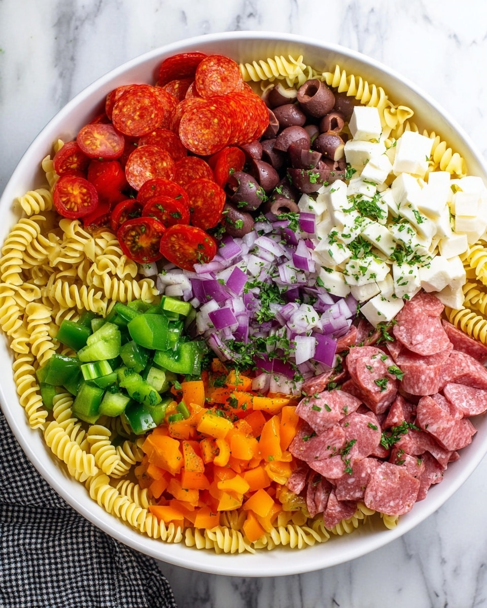The image shows a large white bowl filled with different layers of ingredients arranged separately in a circular pattern. The bottom layer is pale yellow spiral pasta spread evenly. On top, clockwise from the top left, there are bright red sliced pepperoni, shiny red halved cherry tomatoes, finely chopped purple onions, small orange diced bell peppers, sliced dark brown black olives, soft white mozzarella slices, diced green bell peppers, finely chopped pale yellow pickles, and folded slices of pink salami. All the ingredients are sprinkled with finely chopped green herbs. The bowl sits on a white marbled surface with a corner of a black and white checkered cloth visible. Photo taken with an iphone --ar 4:5 --v 7