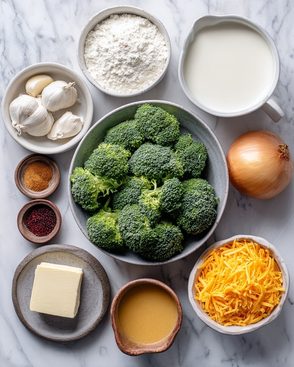 A top view of nine ingredients arranged neatly on a white marbled surface: at the center is a large gray bowl filled with fresh green broccoli florets; to the upper left is a small white bowl with several garlic cloves; beside it is a white cup filled with white flour; to the upper right is a large white bowl filled with white milk; below that is a small gray plate holding an array of spices in red, tan, black, and white colors; near the bottom right is a small white bowl with bright orange shredded sharp cheddar cheese; next to it is a whole yellow onion with a skin; bottom left has a medium white bowl full of golden chicken broth; above that, a small brown bowl with a white block of cream cheese; and just above that another small white bowl with a light brown chicken bouillon paste. Each item is clearly labeled with black text. photo taken with an iphone --ar 4:5 --v 7