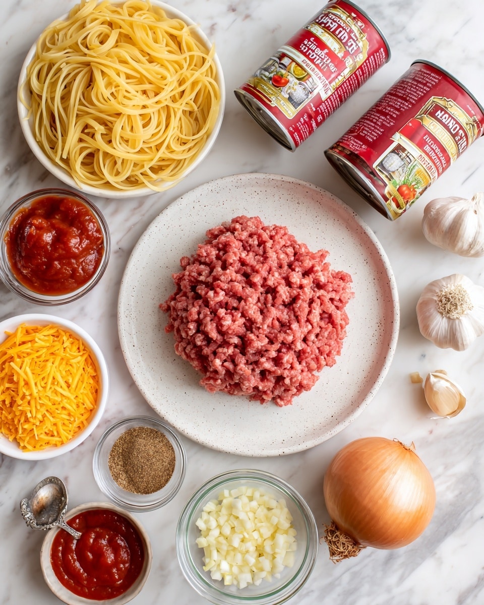 The image shows a white speckled plate in the center holding a round mound of pink ground beef with coarse texture. Above it is a blue box of Barilla spaghetti with yellow pasta visible through a window. To the right of the plate are two red cans of fire roasted diced tomatoes stacked side by side, each with images of charred tomato pieces on the label. Below the cans is a whole golden-brown onion with dry skin and roots. Around the main plate are small white bowls with shredded orange cheddar cheese, shredded white Monterey Jack cheese, light green chopped green chiles, and three garlic cloves in a small bowl. There is a small bowl containing deep red tomato paste, a clear measuring cup partly filled with water, and a small dish holding a mix of spices including red, black, white, and brown powders. A small measuring spoon filled with brown beef bouillon powder is next to the dishes. All items are arranged on a white marbled surface. photo taken with an iphone --ar 4:5 --v 7
