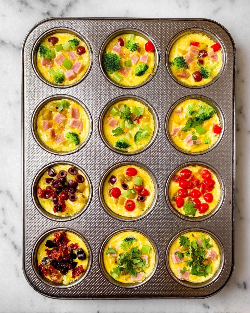 The image shows a baking tray with twelve small round white bowls arranged in three rows of four. Each bowl contains a layered egg mixture with different toppings. Four bowls have a yellow egg base with pieces of pale pink ham and light green celery on top. Four bowls feature a yellow egg layer with small bright green broccoli florets and red bell pepper pieces. Another four bowls have a yellow egg base topped with halved red cherry tomatoes and chopped green leafy herbs. The last four bowls show a yellow egg layer decorated with dark red sun-dried tomatoes, black olives, and fresh green herbs. The baking tray rests on a white marbled surface. photo taken with an iphone --ar 4:5 --v 7