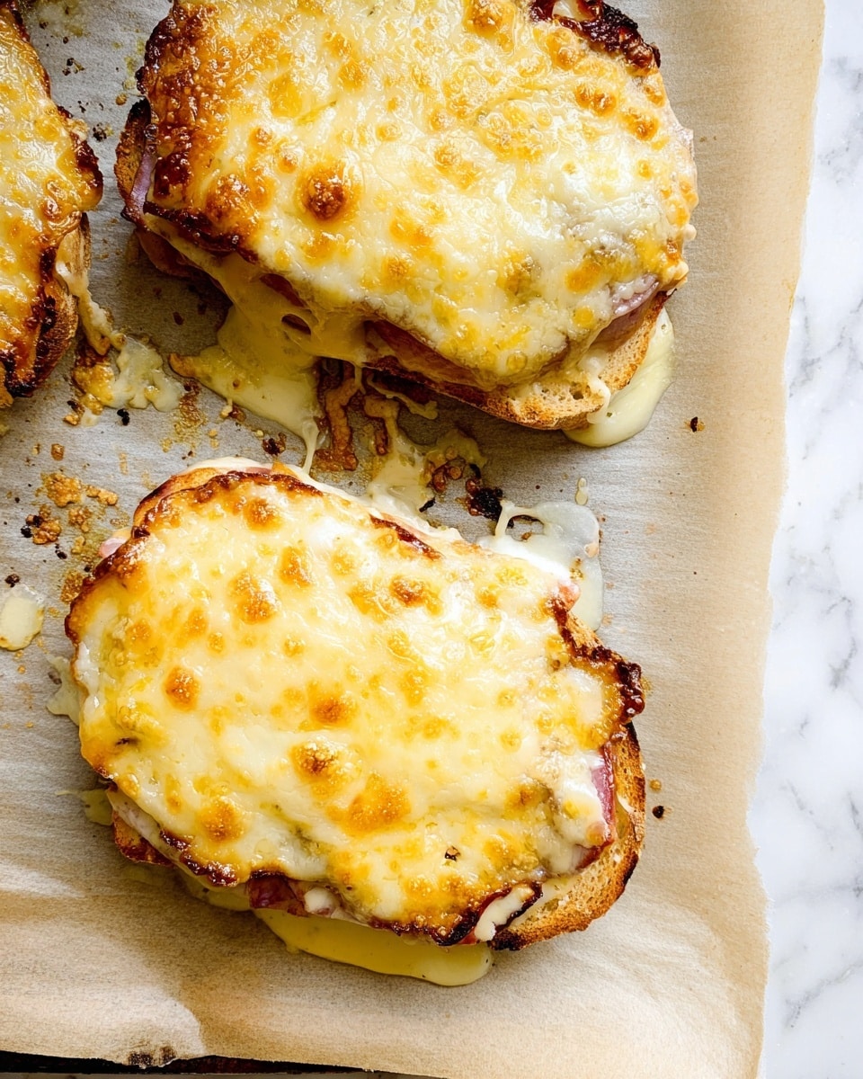 Two baked sandwiches lie on white parchment paper on a baking tray. Each sandwich has a bottom layer of golden toasted bread, topped with a layer of browned ham visible at the edges. Above the ham, melted pale yellow cheese covers the top, bubbling and slightly browned in spots, spreading a bit onto the parchment paper. The texture of the cheese is smooth and creamy with some crispy, caramelized edges. The background shows a white marbled surface peeking from the tray’s sides. Photo taken with an iphone --ar 4:5 --v 7