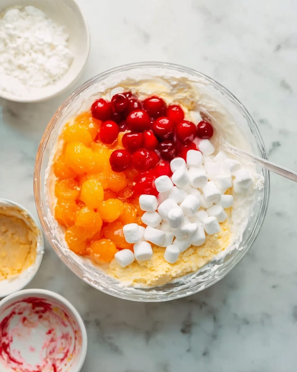A large clear glass bowl sits on a white marbled surface filled with white creamy mixture as the base layer. On top of the white layer, there are four smaller sections of colorful ingredients: bright orange chunks on the left, bright red round pieces in the center, small white marshmallow-like pieces on the right, and a pale yellow mashed layer at the bottom. A clear utensil is placed on the right side inside the bowl, resting on the mixture. In the background, three small white bowls with some remnants of liquid or color are visible, placed on the white marbled surface. photo taken with an iphone --ar 4:5 --v 7