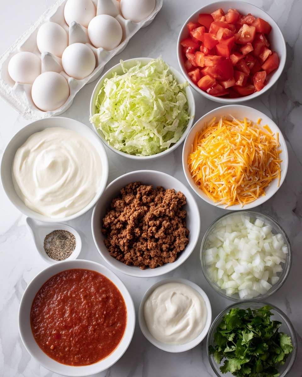 A top view of various ingredients on a white marbled surface, each in a white bowl or container. At the top left, four whole white eggs sit in a white egg carton. To the right, a white bowl holds bright red diced tomatoes, and next to it, another white bowl is filled with shredded light green iceberg lettuce. Below, a white bowl contains vibrant orange shredded cheddar cheese, while next to it, a white bowl holds light brown taco seasoning. On the left side, a white bowl is filled with smooth, white sour cream. In the center, a small white dish holds a small pile of black pepper and salt. To the right, a white bowl contains finely chopped white sweet onion, and beside it, a smaller white bowl has fresh dark green chopped cilantro. At the bottom left, a white bowl holds white Bisquick flour, and next to it is a white bowl filled with creamy whole milk. Below the Bisquick, a white bowl of chunky red salsa with visible darker bits sits. On the far right, a white container holds deep red lean ground beef with visible texture. All elements are bright and clearly separated on the clean white marbled surface photo taken with an iphone --ar 4:5 --v 7