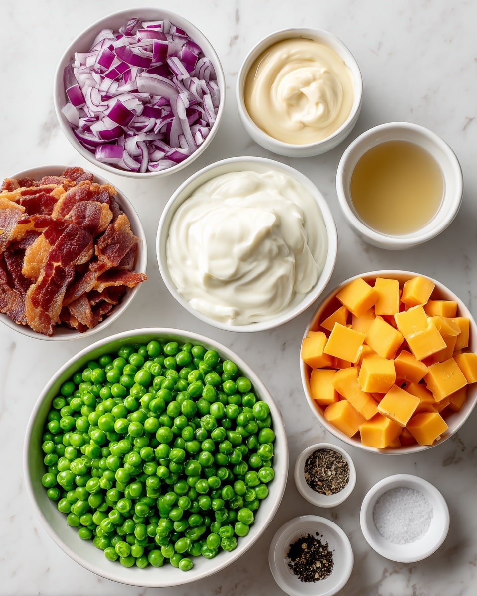The image shows eight small white bowls arranged on a white marbled surface. The largest bowl at the bottom left is filled with bright green frozen peas. To its right, a medium white bowl contains crispy cooked bacon pieces in brown and reddish tones. Above the peas is a white bowl with smooth, creamy sour cream that is pure white. Next to it, a small white bowl holds finely chopped red onions with a mix of purple and white pieces. Above the bacon, a small white bowl shows a light beige liquid of apple cider vinegar. Above that, a white bowl is filled with small cubes of vivid orange cheddar cheese. At the bottom right is a very small white dish with small piles of black pepper, white salt, and white sugar. At the top left, another white bowl holds creamy light beige mayonnaise. The scene looks clean and organized with a focus on color contrast and textures photo taken with an iphone --ar 4:5 --v 7