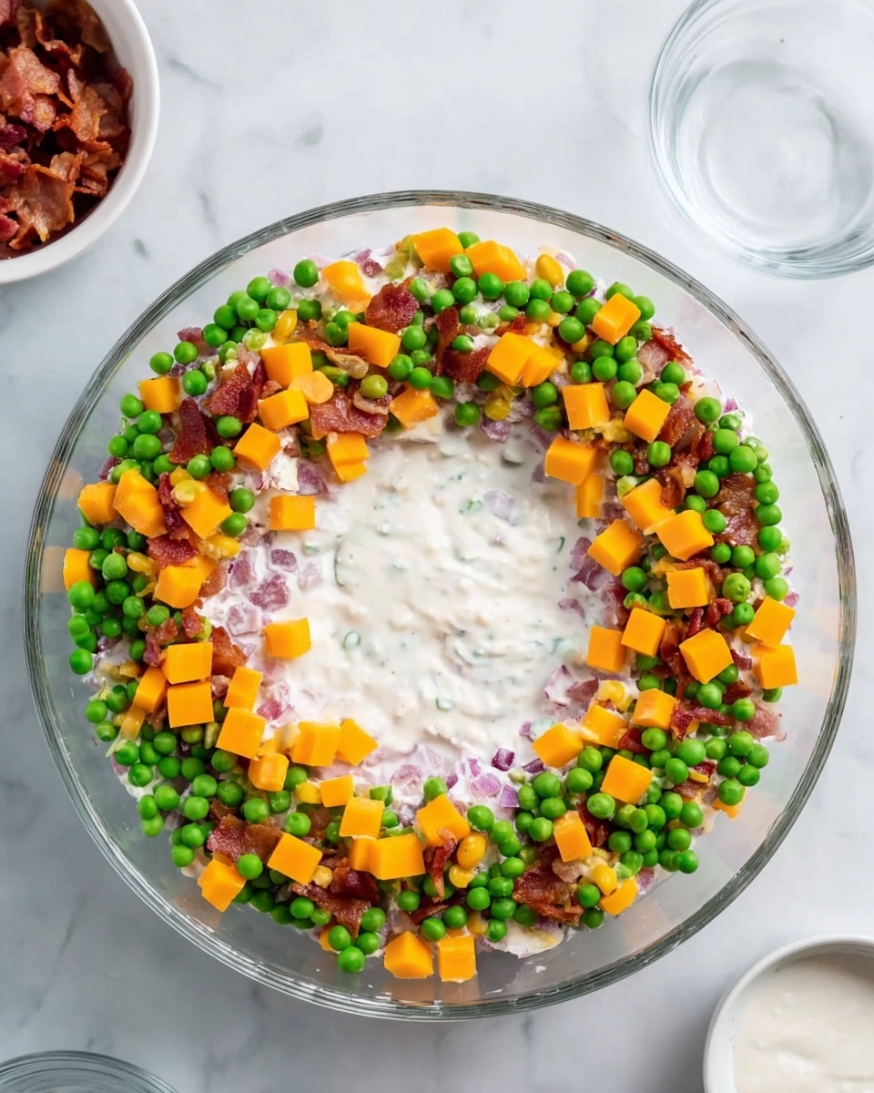 The image shows a clear glass bowl placed on a white marbled surface, filled with a mixture of ingredients in layers. The bottom layer appears to be a mix of finely chopped red onion and pieces of bacon. On top of this is a thick ring of bright green peas and orange cheese cubes evenly spread around the bowl's edge. In the center, there is a creamy white dressing, contrasting with the colorful ring of ingredients. Around the main bowl, there are a few empty small white bowls and the edge of another empty clear glass bowl visible. Photo taken with an iphone --ar 4:5 --v 7
